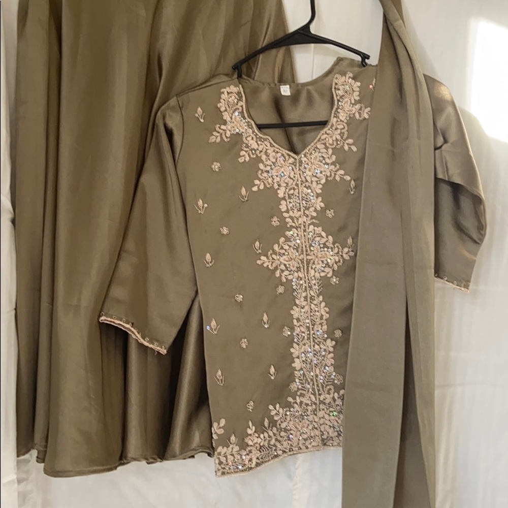 Olive and gold lengha (long top and skirt)